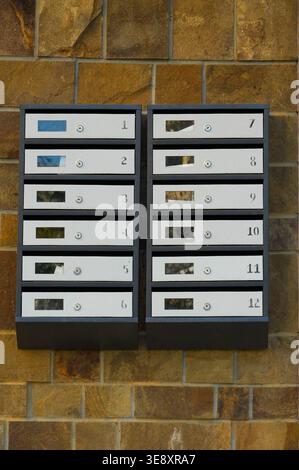 Mailboxes in a row on a brick wall, closeup of photo Stock Photo