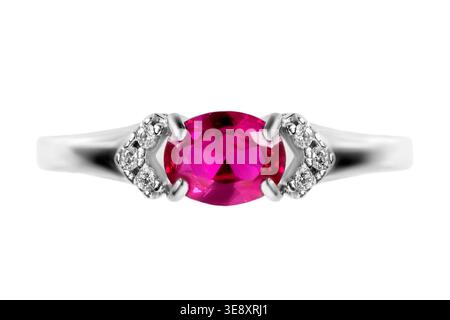 Beautiful white gold ring with pink gem isolated on white background Stock Photo