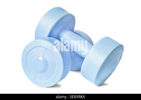 Two blue vinyl fitness dumbbells isolated on white background Stock Photo