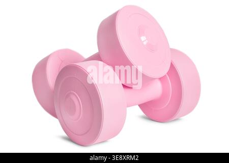 Two pink fitness vinyl dumbbells isolated on white background Stock Photo