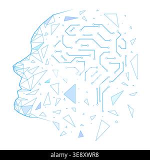 Stylized human head outline with geometric shapes and circuit board pattern in blue tones, abstract technology concept symbolizing artificial intellig Stock Photo