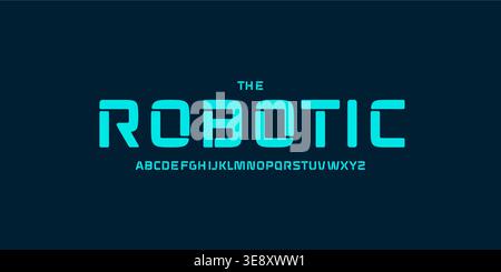Bold geometric alphabet, futuristic minimal sans serif lettering, robotic brain-tech font for AI UI logo, modern digital headline, cyber identity Stock Vector