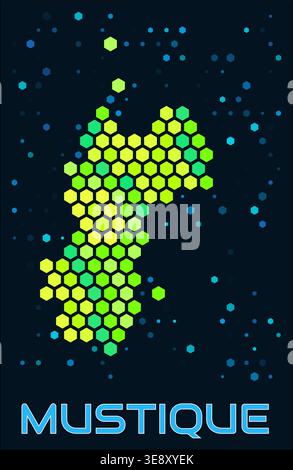 Mustique hexagon dots map. St. Vincent. Digital style shape of the island. Mustique map and title. Stock Vector