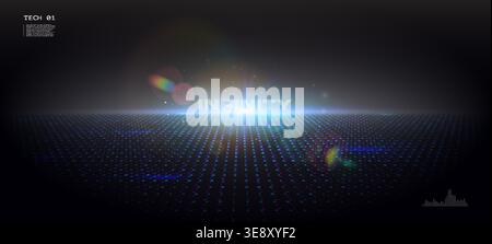 Cinematic digital horizon with blue lens flare and data grid. Futuristic technology background featuring a bright light burst on a dark cyber Stock Vector