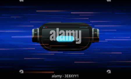 Abstract VR headset, glitch effect style, blue gradient with grid lines, colorful scattered rectangles overlay Stock Vector
