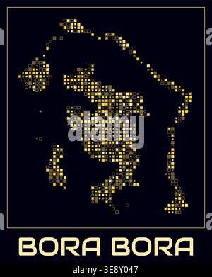 Bora Bora digital style map. Small square dots on dark background. Dotted shape of the island. Vector map and title. Vibrant vector illustration. Stock Vector