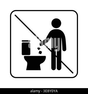 Warning sign prohibiting throwing trash into the toilet. Pictogram of person dropping waste into WC with prohibition mark. Ideal for public restrooms, Stock Vector