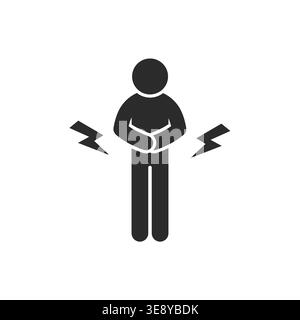 Simple pictogram of person holding stomach with pain marks representing abdominal pain and digestive issues. Medical icon suitable for healthcare, sym Stock Vector