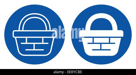 Simple shopping basket icons in a blue circle, featuring both outlined and filled designs. Ideal for ecommerce, retail, and mobile applications. Stock Vector