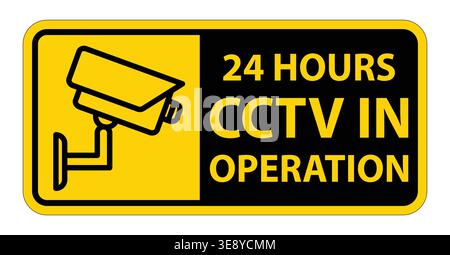 This image features a warning sign indicating that CCTV cameras are operational 24 hours a day, emphasizing the importance of security and surveillanc Stock Vector