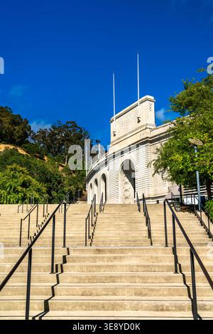 Stone facade and grand staircase leading to the entrance of the California Memorial Stadium at the University of California Berkeley. Stock Photo