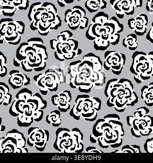 Seamless monochrome pattern with hand drawn abstract roses. Artistic brush strokes floral design in modern minimalist style Stock Vector