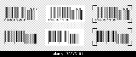 Set of barcode labels with scanner frames. Bar code templates isolated on transparent background. Digital representation with product or manufacturer Stock Vector