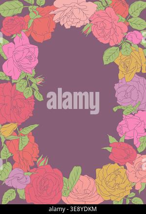 Beautiful hand drawn line art pink rose flowers and leaves vertical oval frame Stock Vector