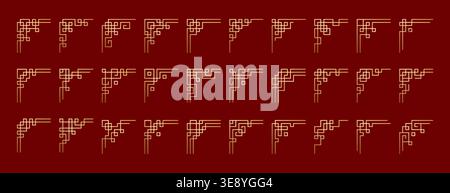Golden chinese corners vector set on red background. Gold oriental japanese frames, asian vintage border ornaments. Traditional korean decorative dividers, japan ancient line art elegant decoration Stock Vector