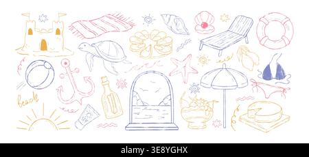 Hand drawn sketch crayon coastal elements. Mediterranean summer sea vacation doodle icon. Chalk outline art beach chair, lifebuoy, sandcastle, tropical fruits, ocean arch frame. Italy coast vector set Stock Vector