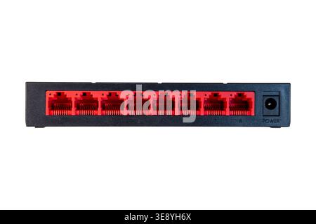 Eight port Ethernet network switch rear panel with power input Stock Photo