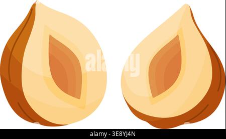 Two halves of hazelnut, exposing inner kernel structure. Hand drawn flat style isolated on transparent background. For stickers, menus, food icons, confectionery packaging, healthy recipe blogs Stock Vector