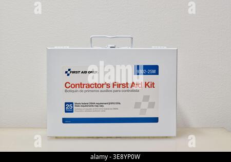 Houston, Texas USA 04-08-2026: Contractors First Aid Kit closed box on white background. Stock Photo