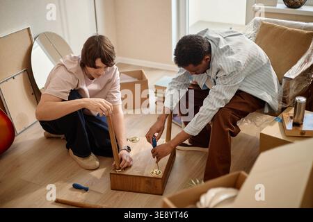 Adult Man and Black Man Assembling Furniture in New Home Stock Photo
