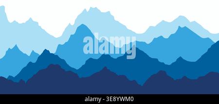 Mountain ridge silhouette with blue gradient fog creates stunning panoramic landscape vector illustration background. Stock Vector