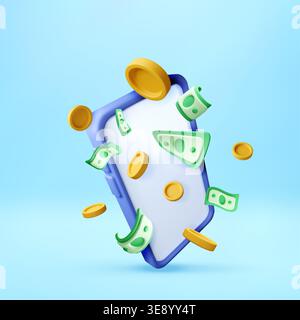 Smartphone with floating coin and banknote 3d Stock Vector