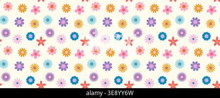 Vector seamless pattern with simple colorful flowers, cute retro floral spring or summer background Stock Vector
