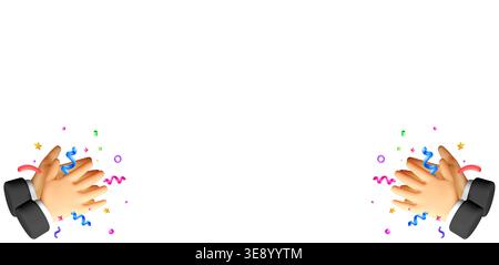 Clapping hands 3d concept. Cartoon gesture showing applause with colorful confetti and ribbon. Celebration concept for party, success, recognition or Stock Vector