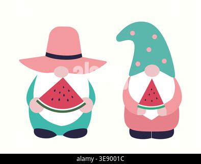 Cute Summer Gnome Holding Watermelon Fruit Flat Cartoon Vector Illustration Set. Adorable Gnome Character Holding Watermelon Theme. Stock Vector