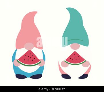 Cute Summer Gnome Holding Watermelon Fruit Flat Cartoon Vector Illustration Set. Adorable Gnome Character Holding Watermelon Theme. Stock Vector
