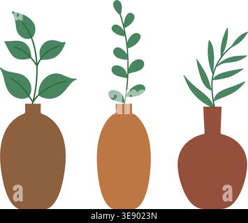 Simple houseplant in vase flat illustration set. Minimal potted plant illustration.  Modern indoor plant decor clipart. Stock Vector