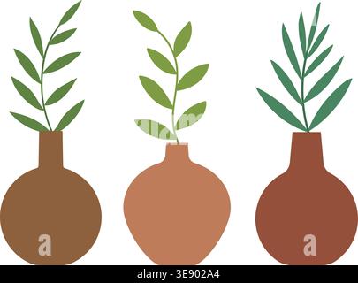Simple houseplant in vase flat illustration set. Minimal potted plant illustration.  Modern indoor plant decor clipart. Stock Vector