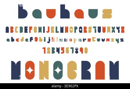 Colorful Bauhaus Alphabet and Monogram Font Set in Geometric Modern Style with Numbers on White Background Stock Vector