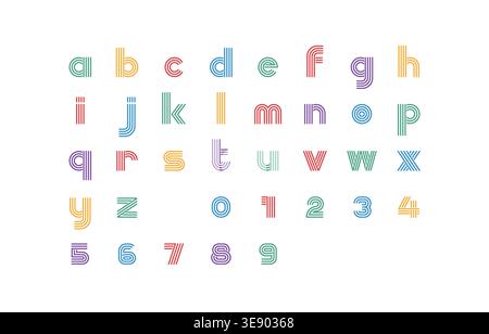 Lowercase Retro Line Vector Font with Soft Multicolor Letters and Rounded Numbers on White Background Vector Illustration Stock Vector