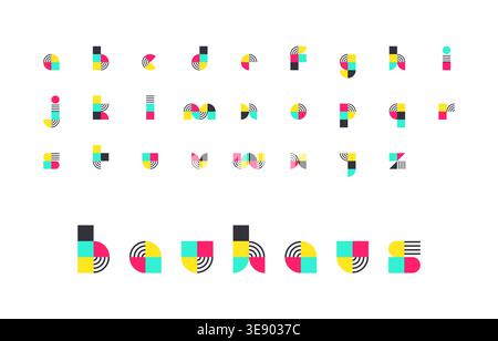 Bauhaus Lowercase Alphabet Design with Bright Geometric Shapes in Primary Colors on White Background Vector Illustration Stock Vector