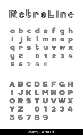 RetroLine Typeface Sampler Featuring Clean Black Letterforms on White Background with Rounded Minimal Alphabet Grid Stock Vector