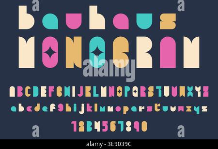 Bauhaus Monogram Alphabet and Number Set in Pastel Color Palette with Bold Geometric Font Vector Illustration Stock Vector