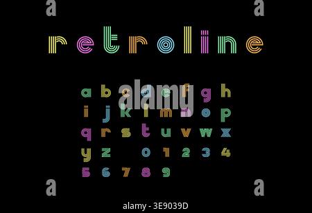 Lowercase Retro Line Font Vector with Neon Color Accents and Numbers on Black Background Stock Vector