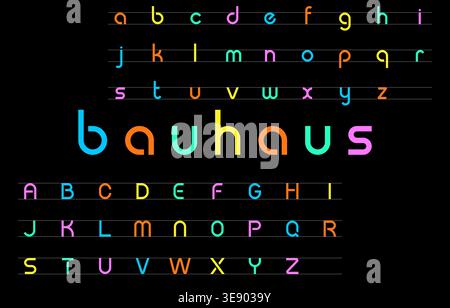 Full Bauhaus Letter Set with Color-Coded Lowercase and Uppercase on Lined Black Background Vector Illustration Stock Vector