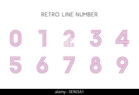 Retro Line Number Set in Pink Outline Typeface on White Background with Minimal Geometric Design Vector Illustration Stock Vector