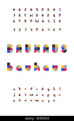 Bauhaus Alphabet Poster Featuring Full Uppercase and Lowercase Set with Numbers in Playful Geometric Color Scheme Vector Illustration Stock Vector