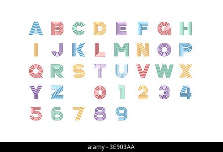 Colorful Uppercase Retro Line Vector Font with Rounded Monoline Characters on White Background Vector Illustration Stock Vector