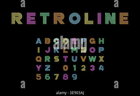 Bold Multicolor Retro Line Font Vector with Uppercase Letters and Numbers on Black Background Stock Vector