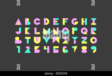 Bold Bauhaus Alphabet on Black Background with Rounded Pastel Letters and Numbers Vector Illustration Stock Vector