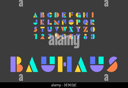 Bold Uppercase Bauhaus Alphabet in Multicolor Geometric Blocks on Dark Background Vector Illustration Stock Vector