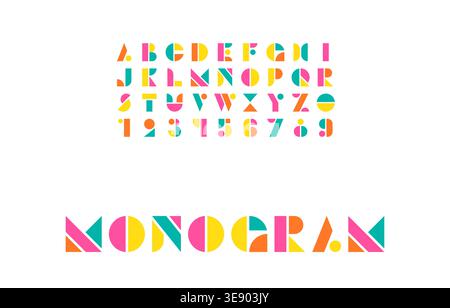 Bright Bauhaus Letters and Numbers in Primary Colors with Minimal Monogram Composition Vector Illustration Stock Vector
