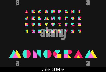 High-Contrast Bauhaus Alphabet and Monogram in Cyan Magenta Yellow on Black Background Vector Illustration Stock Vector