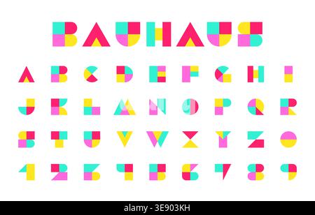 Colorful Bauhaus Alphabet and Numbers in Bright Neon Blocks with Rounded Shapes Vector Illustration Stock Vector