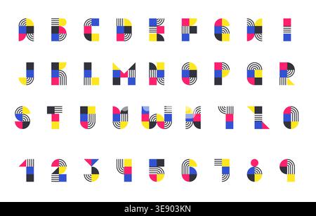 Bauhaus Inspired Bold Alphabet and Number Chart with Strong Contrasting Primary Colors and Geometric Patterns Vector Illustration Stock Vector
