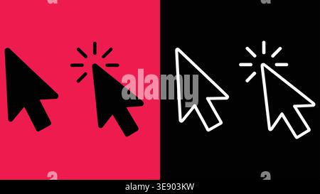Mouse Cursor Click Icons Set in Black and White on Red and Dark Background Stock Vector